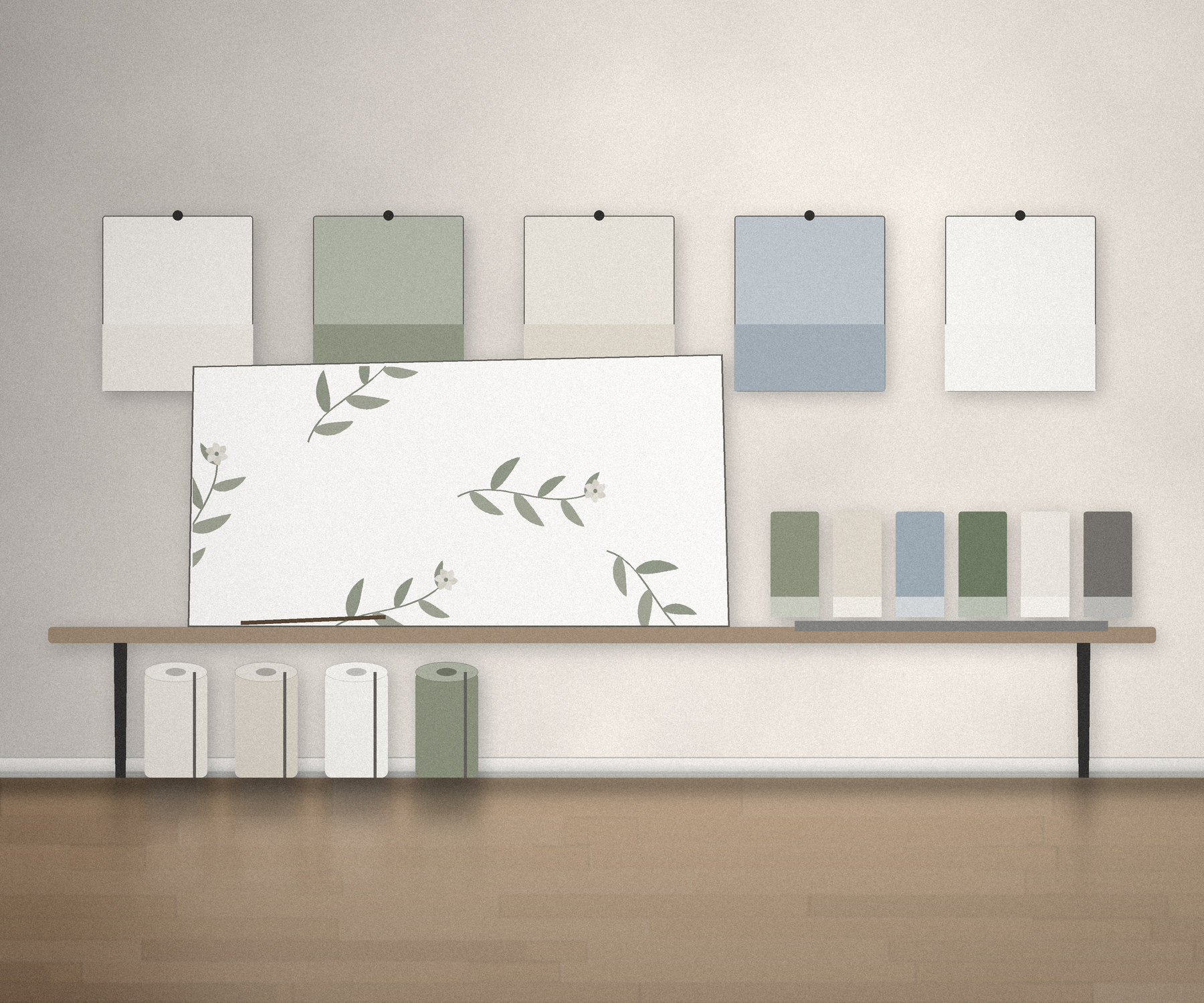 Boceto de un diseño de papel pintado personalizado sobre la mesa de trabajo