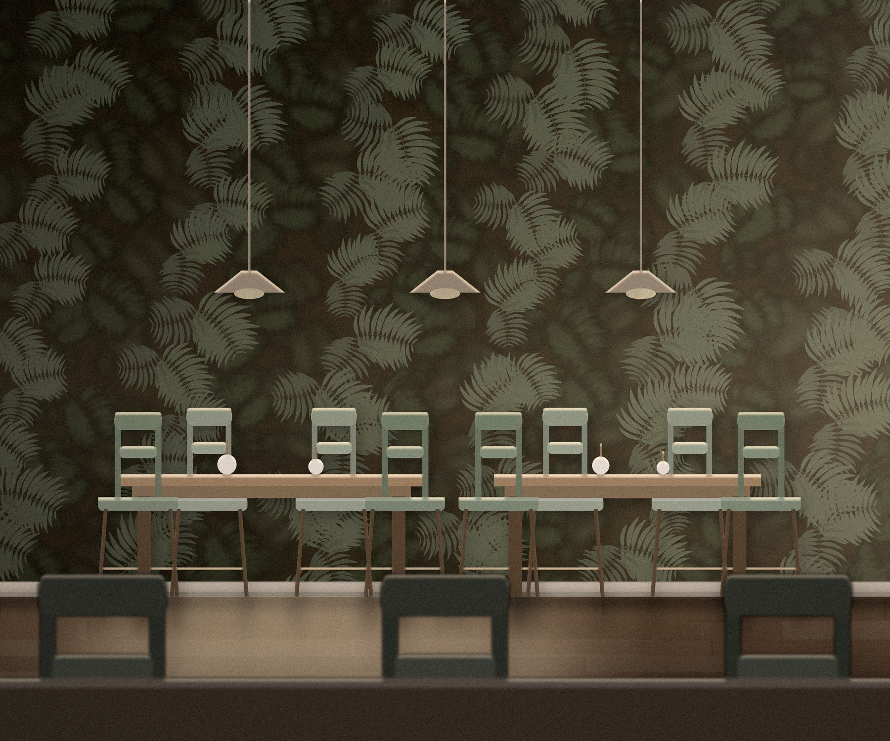 Comedor de un proyecto de hostelería con mural de gran formato
