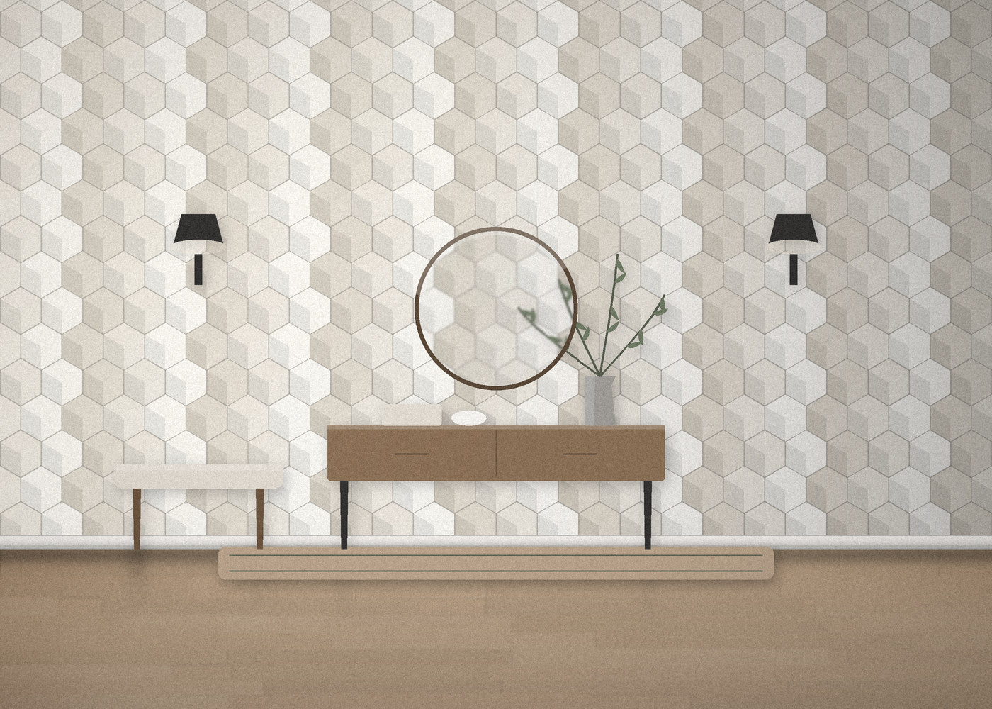 Pasillo de habitaciones con papel de escala pequeña